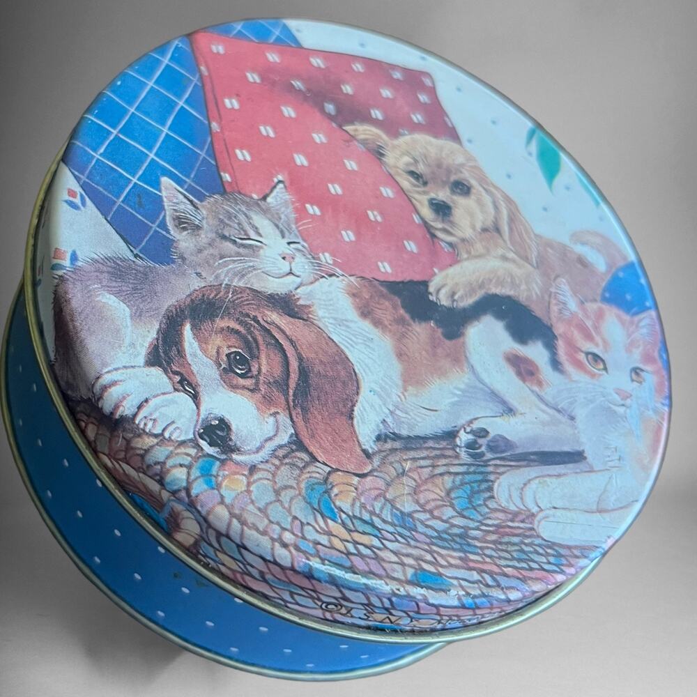 Vintage Puppy & Kitten Coaster Tin Cork 6 Coasters Cottage Animal Dog Cat Polka